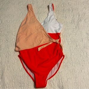 NEW Summer Mae 1 Piece Swimsuit Sz Large Orange White Colorblock Wrap Tie V Neck